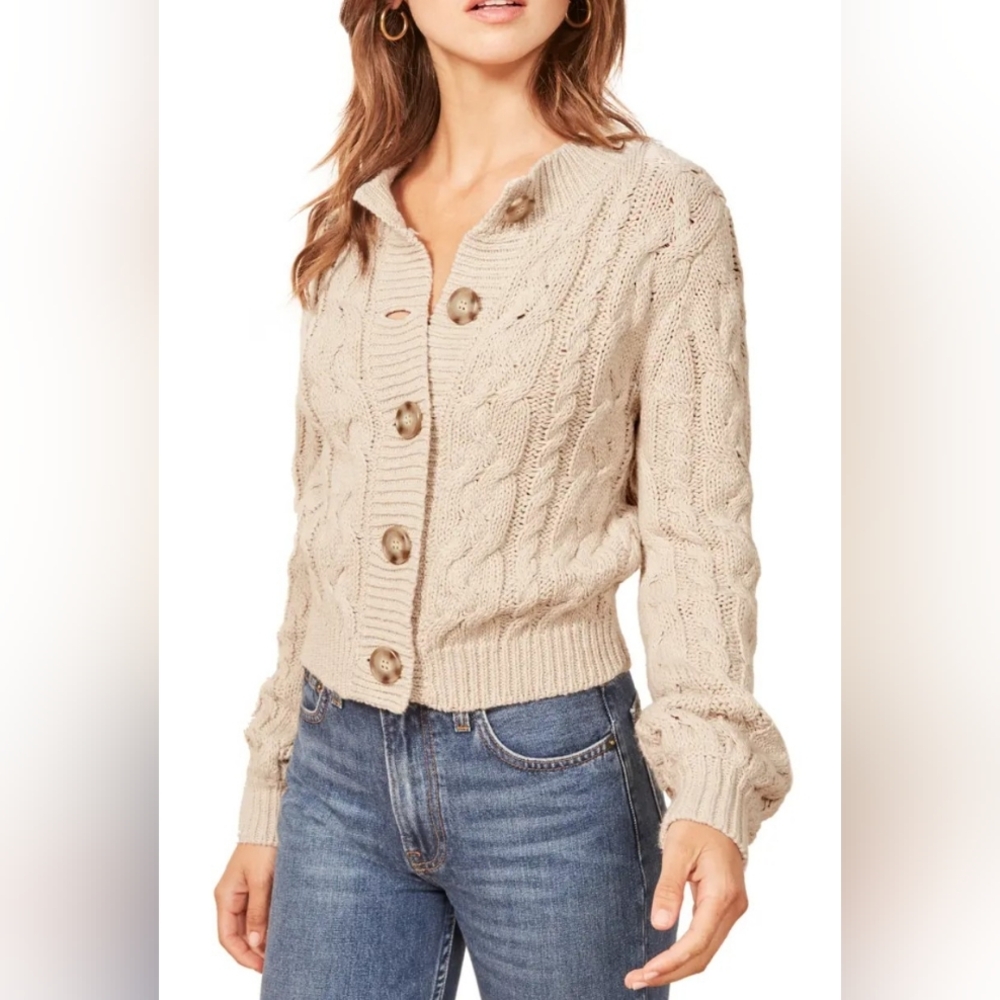 Reformation Annie Cable Knit Cropped Cardigan - Cream - Size Small